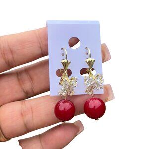 Boutique 14k Gold Filled Earrings With Red Beads & Bow Crystal Accents